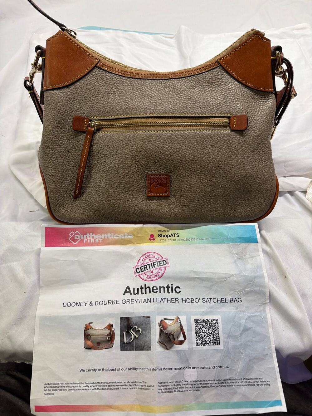 Dooney & Bourke Taupe Grey Nylon & Cognac Leather Hobo Crossbody Bag